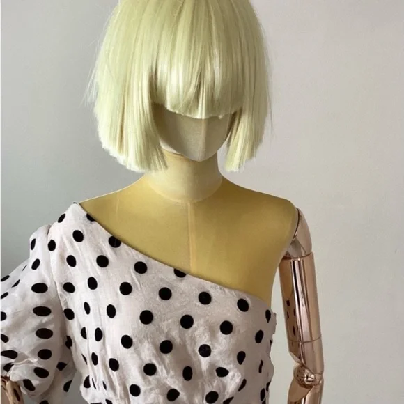 Do+Be Neutral Tan/Black Polka Dot One Shoulder Puff Sleeve SZ M - Picture 4 of 6